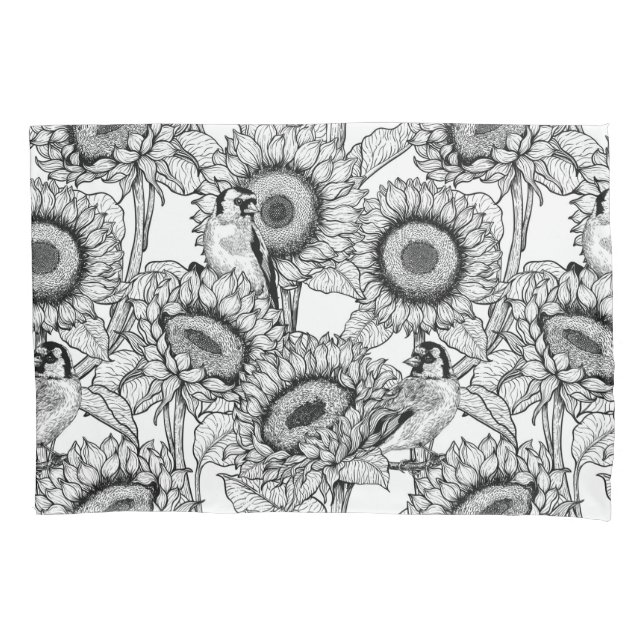 Sunflowers and goldfinches in black and white pillow case (Front)