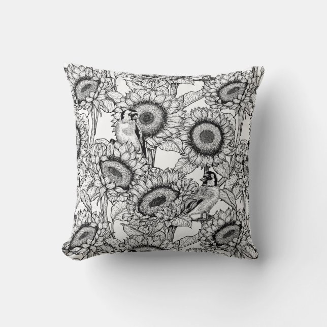 Sunflowers and goldfinches in black and white throw pillow (Front)