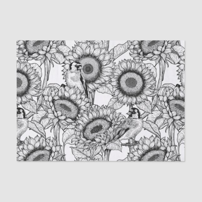 Sunflowers and goldfinches in black and white tissue paper (Front)