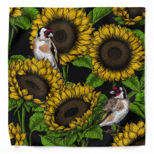 Sunflowers and goldfinches on black bandana