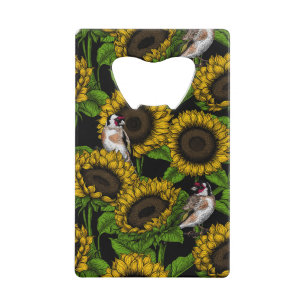Sunflowers and goldfinches on black credit card bottle opener