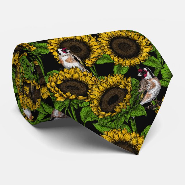 Sunflowers and goldfinches on black neck tie (Rolled)
