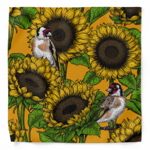 Sunflowers and goldfinches on orange bandana