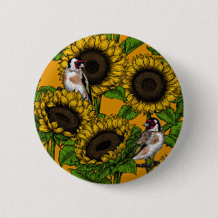 Sunflowers and goldfinches on orange button