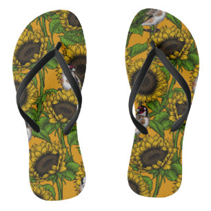Sunflowers and goldfinches on orange flip flops