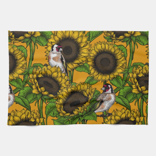 Sunflowers and goldfinches on orange kitchen towel (Horizontal)