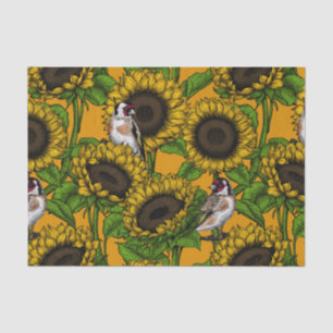 Sunflowers and goldfinches on orange tissue paper