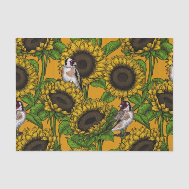 Sunflowers and goldfinches on orange tissue paper (Front)