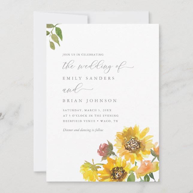 Sunflowers and Greenery Elegant Rustic Wedding Invitation (Front)