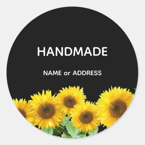 Sunflowers and Handmade Text on Black Classic Round Sticker