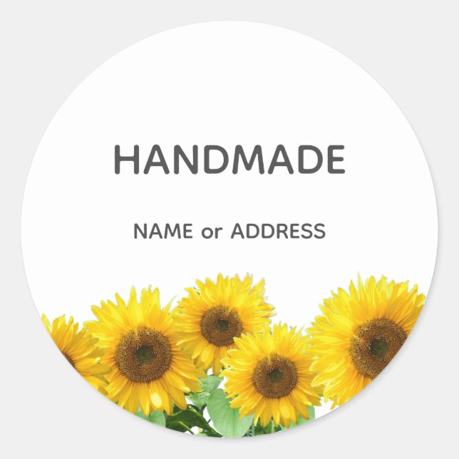 Sunflowers and Handmade Text on White Classic Round Sticker (Front)