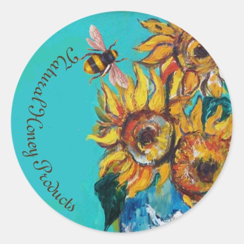 SUNFLOWERS AND HONEY BEE FLORAL BEEKEEPING CLASSIC ROUND STICKER