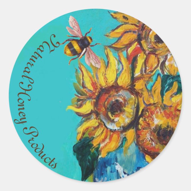 SUNFLOWERS AND HONEY BEE FLORAL BEEKEEPING CLASSIC ROUND STICKER (Front)