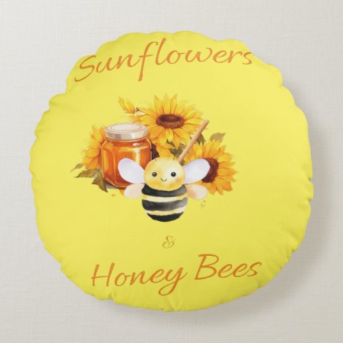 Sunflowers and Honey Bees Round Pillow