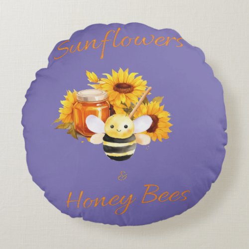 Sunflowers and Honey Bees Round Pillow