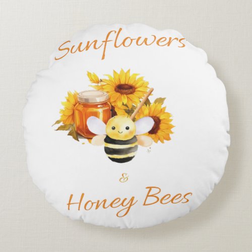Sunflowers and Honey Bees Round Pillow
