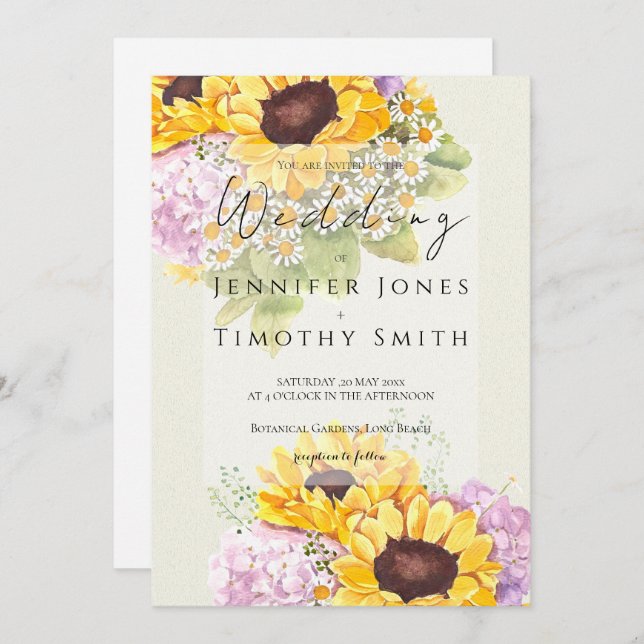 sunflowers and hydrangea watercolour  invitation (Front/Back)