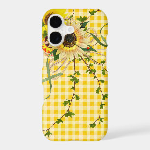sunflowers and ladybug on gingham iPhone 17 case
