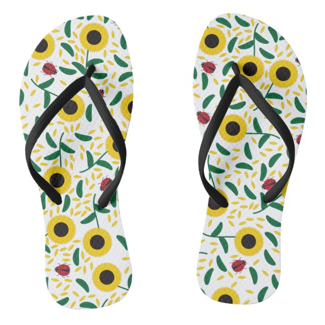 Sunflowers and Ladybugs Pattern Flip Flops (Footbed)