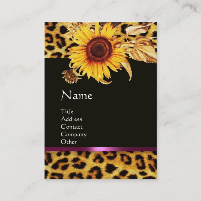 SUNFLOWERS AND LEOPARD FUR PINK GEMSTONE MONOGRAM BUSINESS CARD (Front)