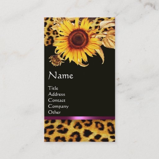 Customizable SUNFLOWERS AND LEOPARD FUR PINK GEMSTONE MONOGRAM BUSINESS CARD TEMPLATES