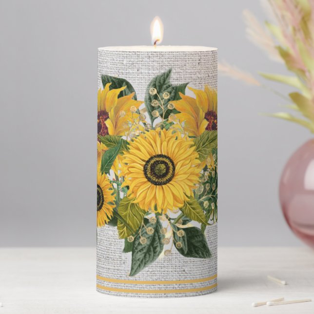 Sunflowers and Linen Summer Accent Pillar Candle (In Situ)