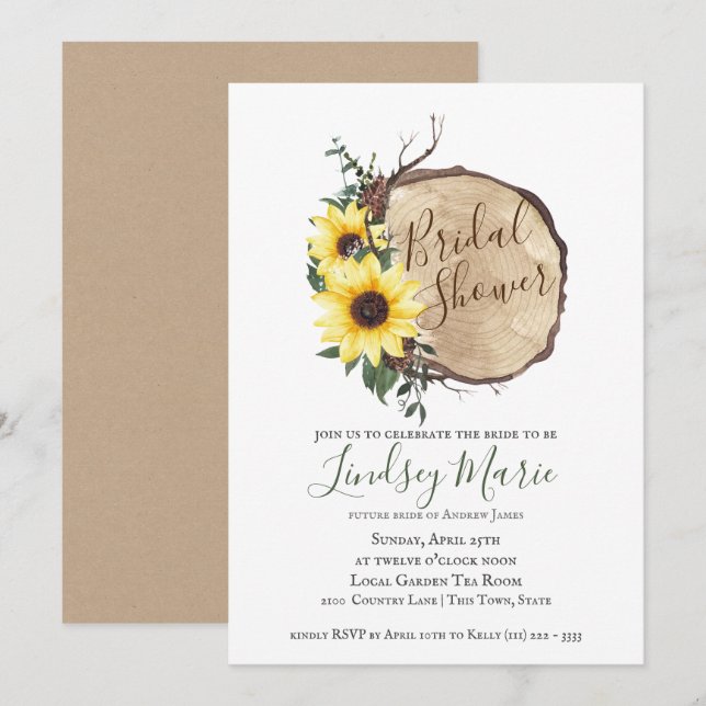 Sunflowers and Log Slice Bridal Shower Invitation (Front/Back)