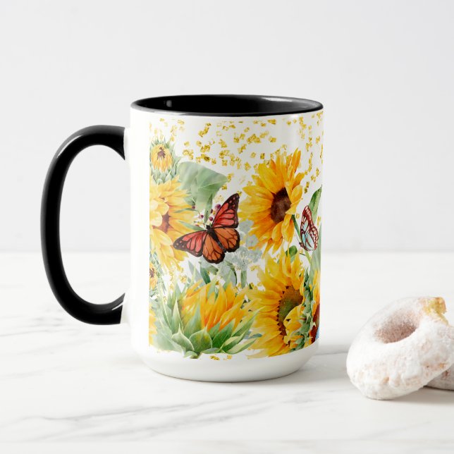 Sunflowers and Monarch Butterflies Mug (With Donut)