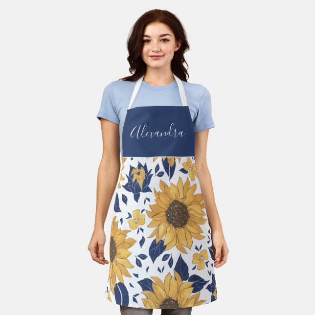 Sunflowers and Navy Blue Personalized  Apron (Worn)
