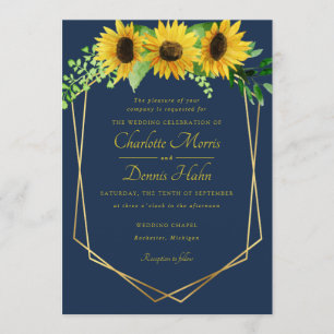 Sunflowers and navy wedding invitation