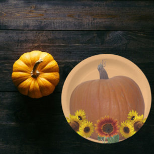 Sunflowers and Orange Pumpkins Thanksgiving Paper Plates