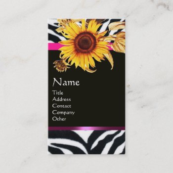 Sunflowers And Pink Black White Zebra Fur Monogram Business Card by bulgan_lumini at Zazzle