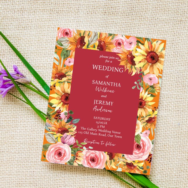Sunflowers and pink roses budget wedding invite (Creator Uploaded)