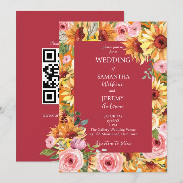 Sunflowers and pink roses wedding  invitation (Front/Back)