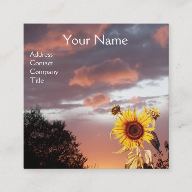 SUNFLOWERS AND PINK SUMMER SUNSET SQUARE BUSINESS CARD (Front)