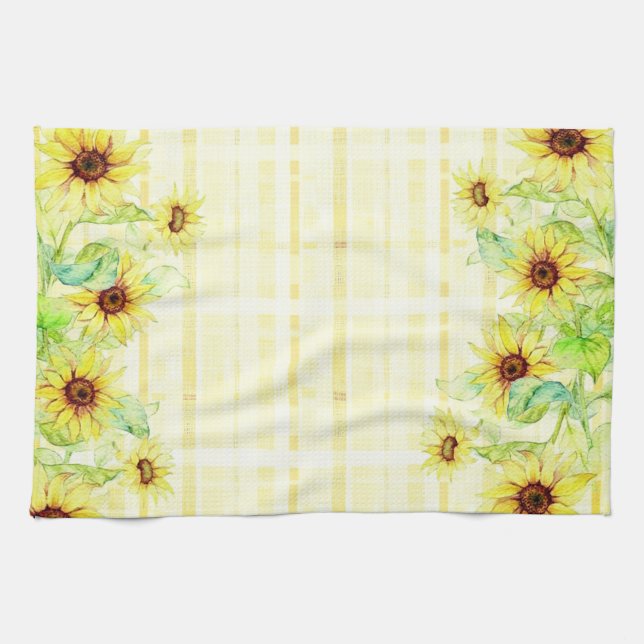 Sunflowers and plaid kitchen towel (Horizontal)