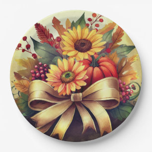 Sunflowers and Pumpkin, 9" Round Paper Plates