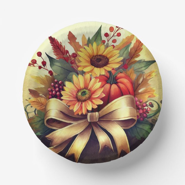 Sunflowers and Pumpkin Bowl, 7" Paper Bowl (Front)