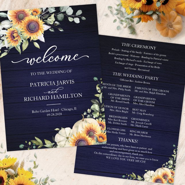 Sunflowers and Pumpkin Fall Wedding Program Card (Creator Uploaded)