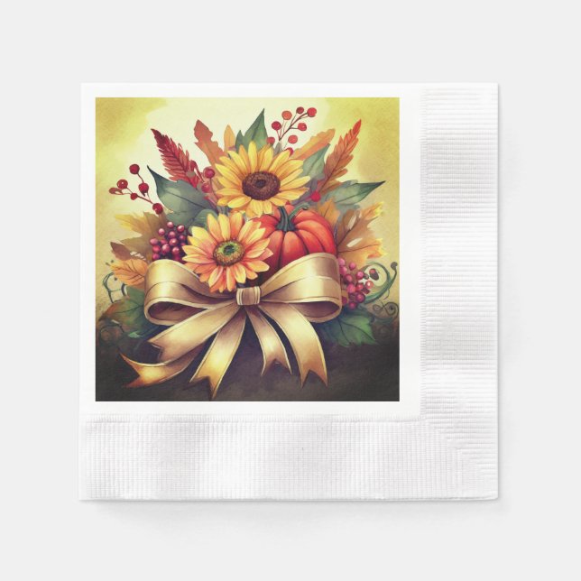Sunflowers and Pumpkin Napkins, Cocktail Paper Napkins (Front)