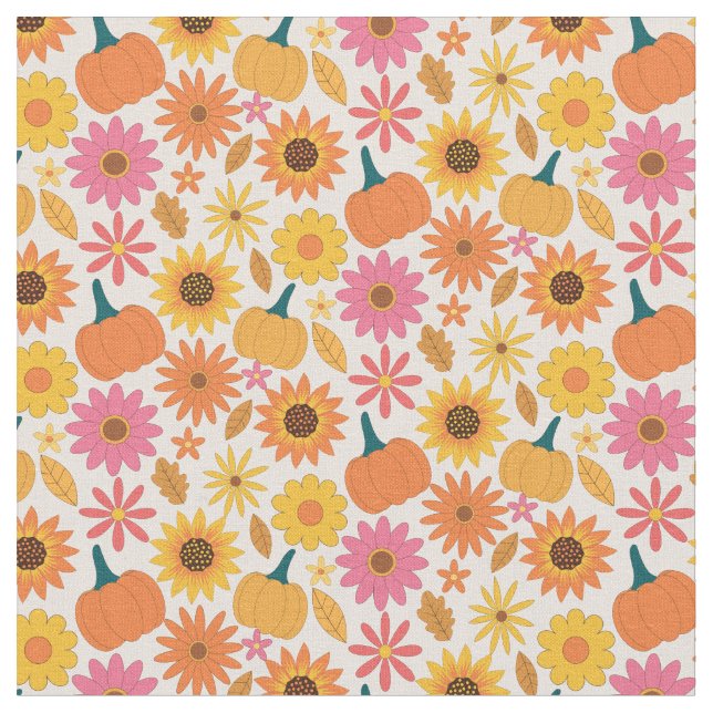 Sunflowers and Pumpkins Autumn Pattern Fabric (Close Up)
