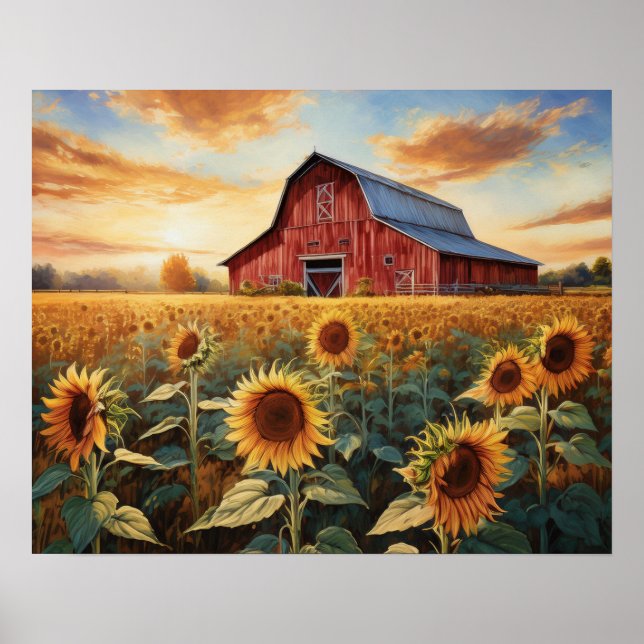 SUNFLOWERS AND RED BARN POSTER (Front)