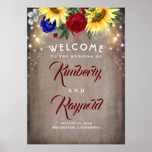 Sunflowers and Red Roses Navy Blue Welcome Sign