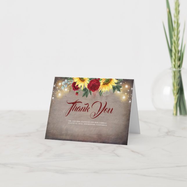 Sunflowers and Red Roses Rustic Wedding Thank You Card (Front)