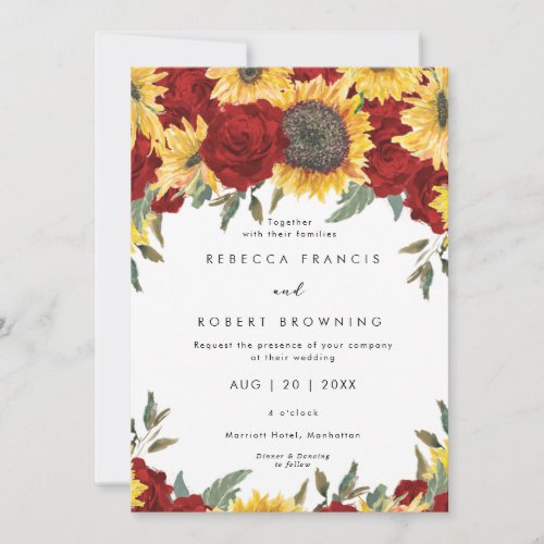 sunflowers and red roses wedding invitation