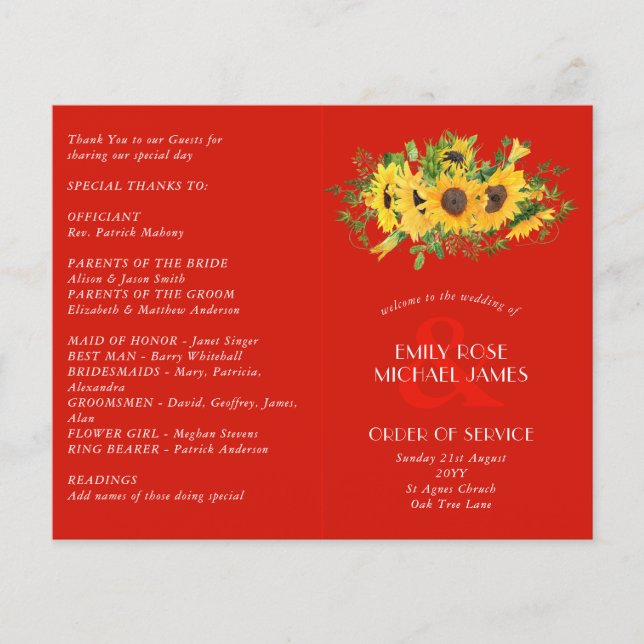 Sunflowers and RED Wedding Program or other event (Front)