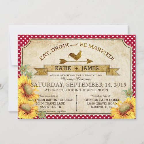 Sunflowers and Rooster Picnic Wedding Invitation
