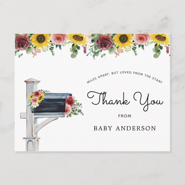 Sunflowers and Roses Baby Shower by Mail Thank You Postcard (Front)
