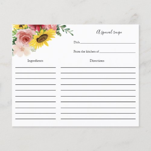 Sunflowers and Roses Bridal Shower Recipe card