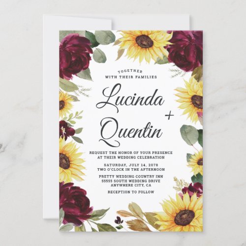 Sunflowers and Roses Burgundy Red Rustic Wedding Invitation